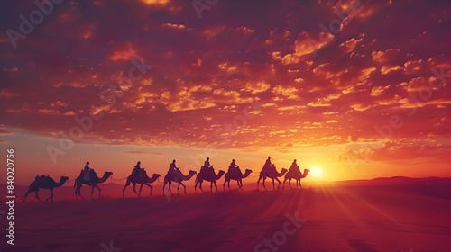 A caravan of camels led by a guide, silhouetted against a stunning desert sunset in the Sahara