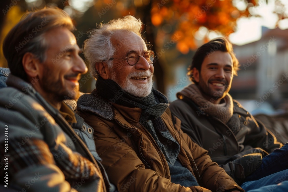 Three males seated on bench laughing Three males seated on bench laughing