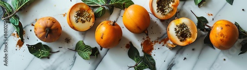 A collection of unique medlar fruits, cut open to reveal the soft, brown interior, scattered on a marble countertop with fresh herbs photo