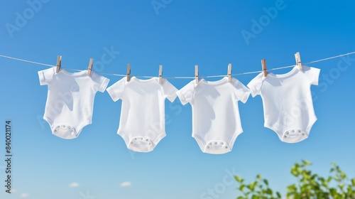 Three white baby onesies hanging on a clothesline on a sunny day