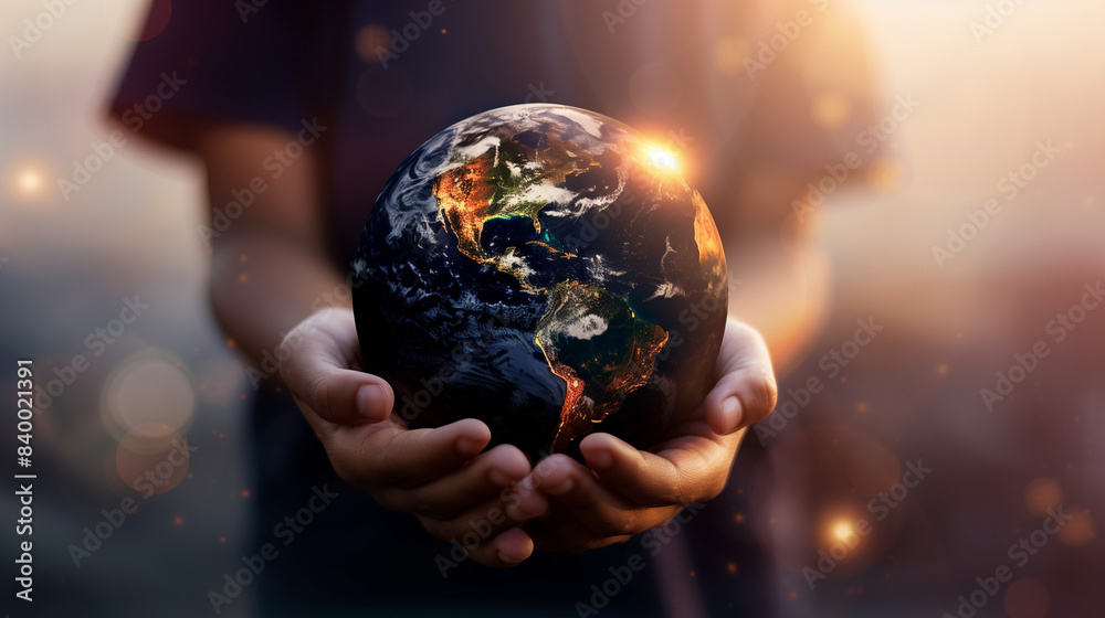 Fototapeta premium Hands hold a globe on a neutral background, representing global awareness and conservation.