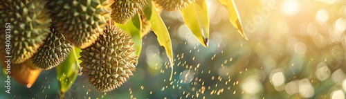 A dynamic shot of a bunch of ripe durians hanging from a tree