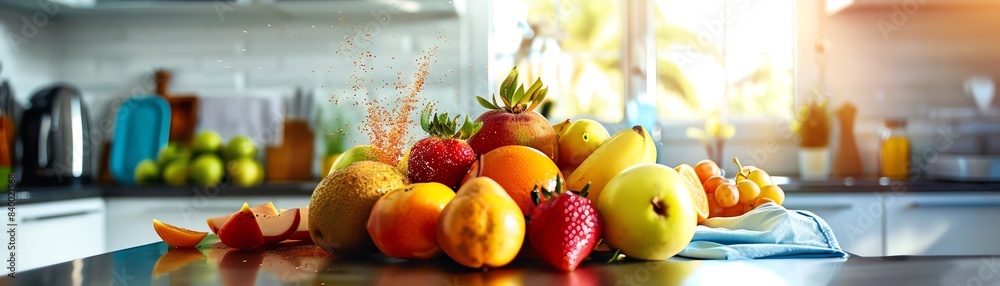 A highangle shot of a vibrant fruit platter featuring Australian fruits, with a modern kitchen island and stylish decor A highangle shot of a vibrant fruit platter featuring Australian fruits, with a modern kitchen island and stylish decor