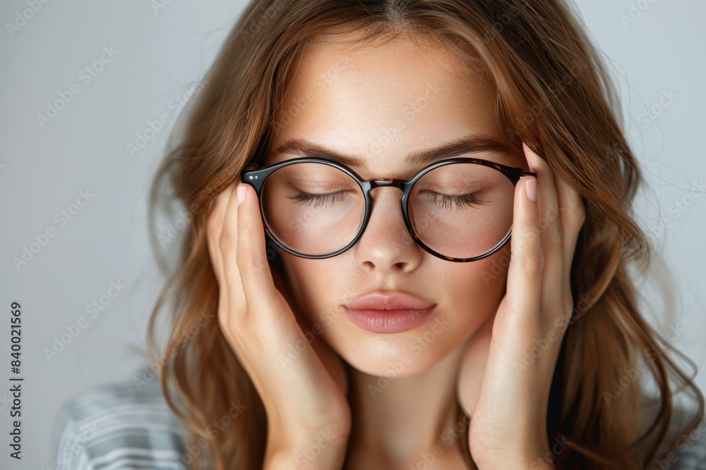 Woman wearing glasses, hands covering face Woman wearing glasses, hands covering face