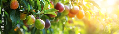 A lush garden scene with Australian passion fruit vines and ripe fruits hanging, with soft sunlight filtering through leaves