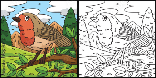 European Robin Bird Coloring Page Illustration