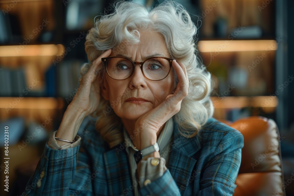 Older woman in glasses seated with hands on head Older woman in glasses seated with hands on head
