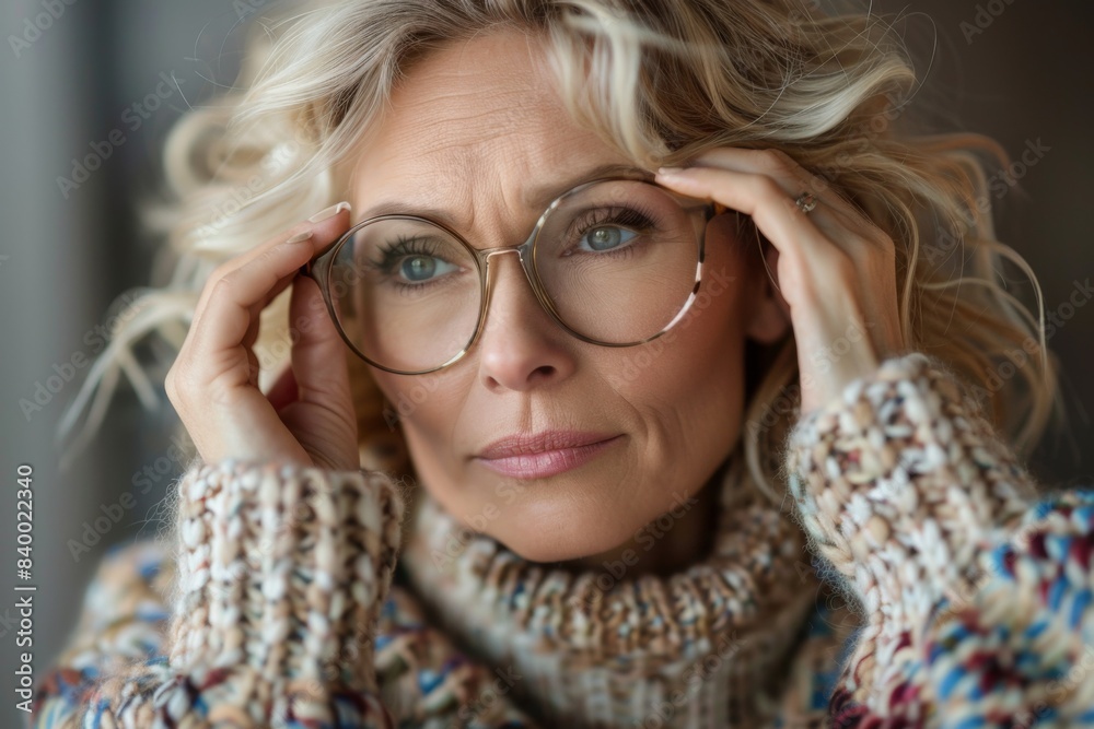 Caucasian woman in glasses holding head and looking directly at camera Caucasian woman in glasses holding head and looking directly at camera