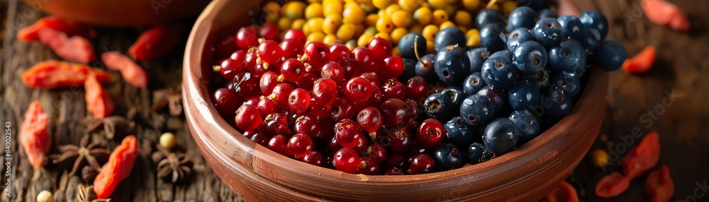 A variety of exotic Asian berries, including goji berries, acai berries, and golden berries, in a handmade clay bowl A variety of exotic Asian berries, including goji berries, acai berries, and golden berries, in a handmade clay bowl