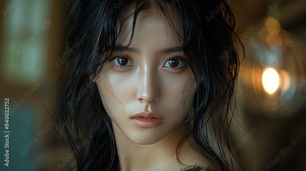 The background is dark inside the palace, She is a beautiful Asian, Her skin is as clean as Android,She has big, white eyes, her hair is black, she is wearing a beautiful, classic black dress, she is The background is dark inside the palace, She is a beautiful Asian, Her skin is as clean as Android,She has big, white eyes, her hair is black, she is wearing a beautiful, classic black dress, she is