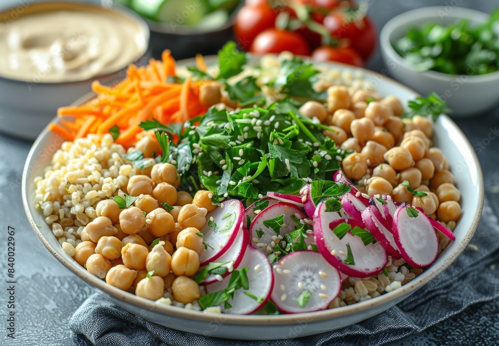 detailed shot of a whole grain Buddha bowl filled with colorful veggies, chickpeas, and a tahini dressing, arranged in a visually appealing manner detailed shot of a whole grain Buddha bowl filled with colorful veggies, chickpeas, and a tahini dressing, arranged in a visually appealing manner