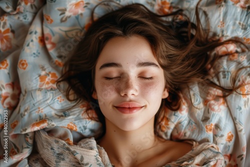 Woman resting in bed, eyes shut, hair fluttering