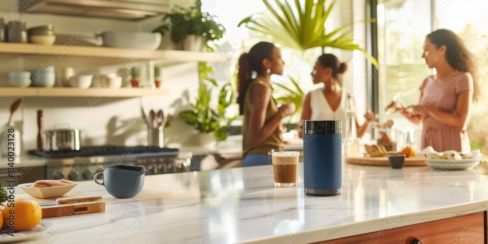 A group of friends gathered around the counter in their bright, airy kitchen, sharing coffee and talking about life as they played with a sleek black smart speaker on an elegant blue stand that stood A group of friends gathered around the counter in their bright, airy kitchen, sharing coffee and talking about life as they played with a sleek black smart speaker on an elegant blue stand that stood