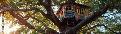 A tree house with a colorful roof and a large window. The tree house is surrounded by trees and has a cozy, whimsical feel to it photo