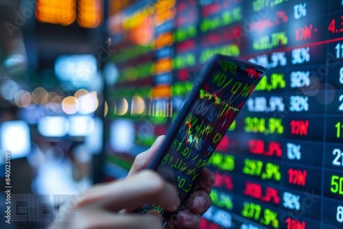 Person holding smartphone in front of stock market screen