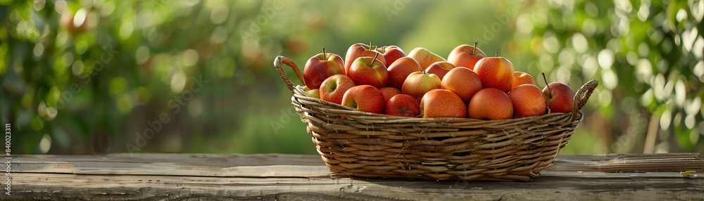 African star apples in a wicker basket, placed on a rustic wooden table with a green field backdrop, natural daylight