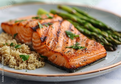 perfectly grilled salmon fillet served with a side of quinoa and steamed asparagus on a stylish ceramic plate