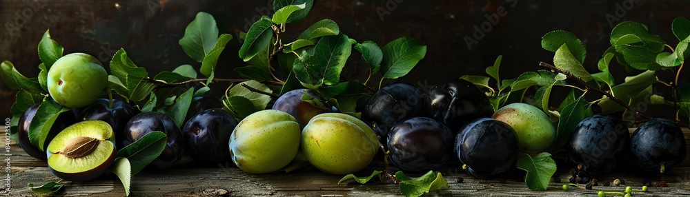 An array of fresh black and green plums, some whole and some halved, displayed on a rustic wooden table with a backdrop of green foliage An array of fresh black and green plums, some whole and some halved, displayed on a rustic wooden table with a backdrop of green foliage