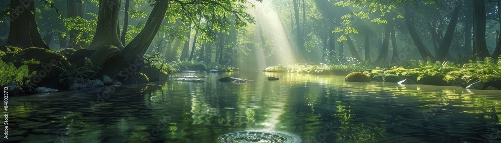 Obraz premium A forest with a sun shining on the water. The sun is reflected in the water, creating a beautiful and serene atmosphere