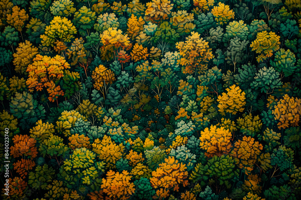 Aerial view of a dense Autumn forest is interspersed with evergreen trees, creating a striking contrast Aerial view of a dense Autumn forest is interspersed with evergreen trees, creating a striking contrast