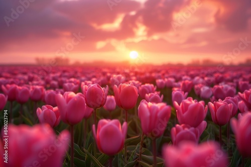 Sun sets over pink tulips field