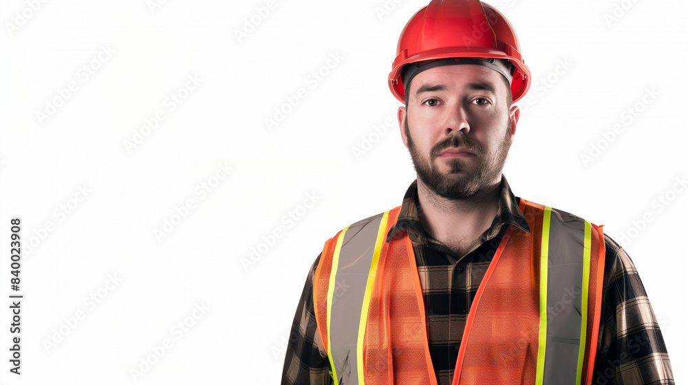 A confident builder, outfitted with a protective helmet and reflective vest, looks directly into the camera, set against a white background.
A confident builder, outfitted with a protective helmet and reflective vest, looks directly into the camera, set against a white background.