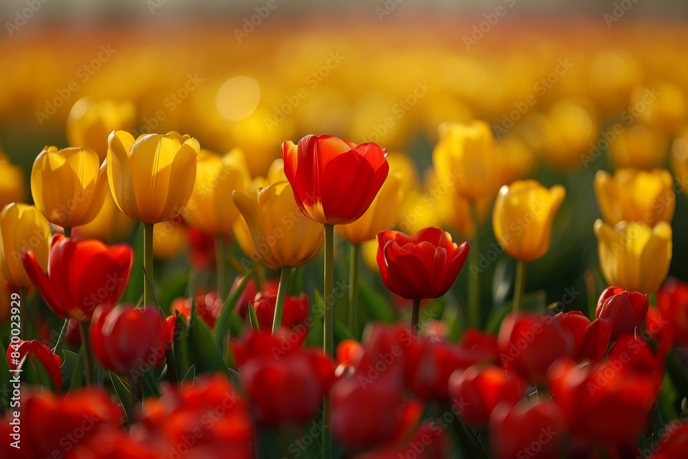 Field blooming with yellow and red tulips surrounded by red and yellow flowers Field blooming with yellow and red tulips surrounded by red and yellow flowers