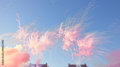 event show above the oriental pearl tower in beijing The Palace Museum, daytime, sunny, the firework is in a shape of light-weighted pinky clouds, overall light pink and purple tone, firework, creativ photo