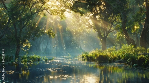 A forest with a sun shining on the water. The sun is reflected in the water  creating a beautiful and serene atmosphere