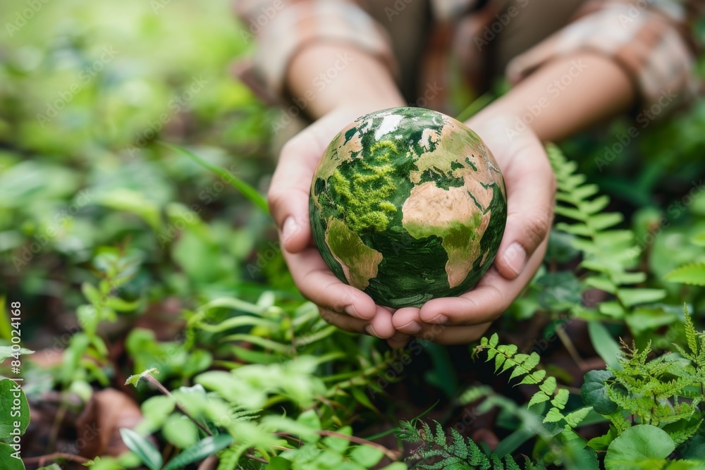 Individual grasping green globe in grassy field Individual grasping green globe in grassy field