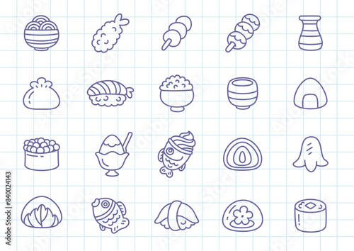 Kawaii japanese food icon set. Collection of cute hand drawn food and drink (sushi, onigiri, green tea, mochi etc.) stickers on a checkered background. Vector 10 EPS.