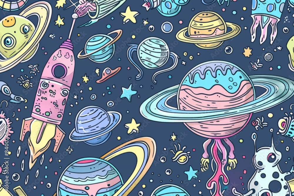 Cartoon cute doodles of playful aliens leaving graffiti art on ...