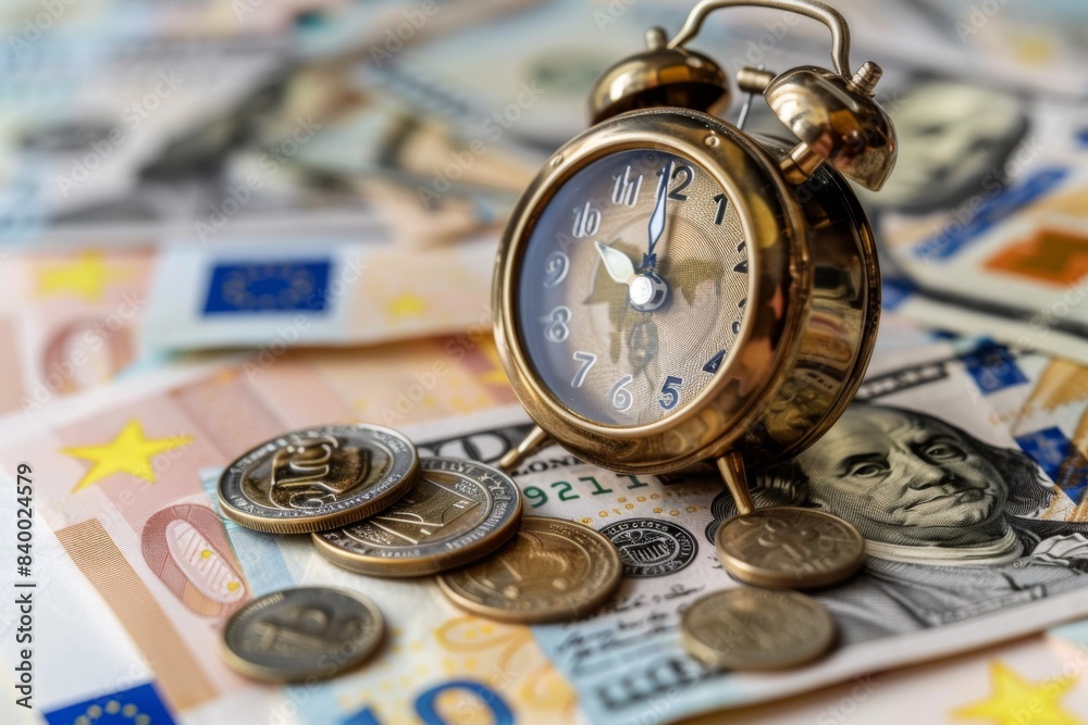 Clock on money pile Clock on money pile