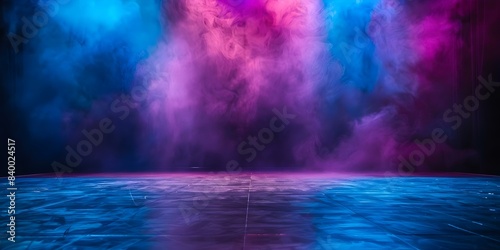 Empty dark stage with blue purple and pink background. Concept Theatrical Lighting  Stage Design  Dark Atmosphere  Colorful Backdrops  Visual Drama