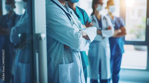 Hospital team of doctors posing confidently with arms crossed, conveying unity and expertise in healthcare, with a blurred hospital scene behind.

