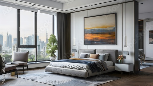 Spacious bedroom with centered artwork frame and cityscape view. Modern living and art concept.