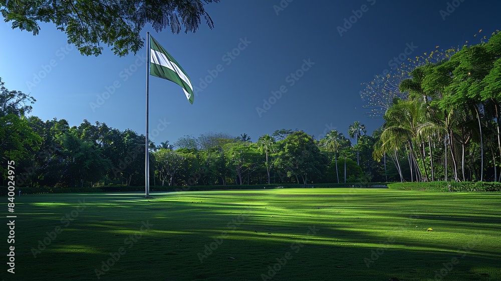 National flag in a park setting with ample space for text