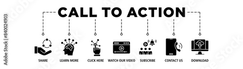 Call to action banner web icon set vector illustration concept with icon of download, share, learn more, watch our video, contact us, subscribe, and click here