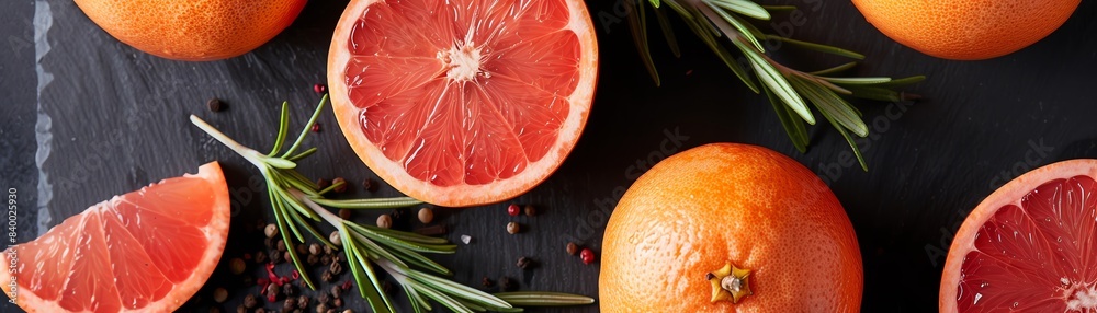 Bright, juicy grapefruits, both whole and sliced, arranged on a slate board with a few sprigs of fresh rosemary for a touch of greenery Bright, juicy grapefruits, both whole and sliced, arranged on a slate board with a few sprigs of fresh rosemary for a touch of greenery