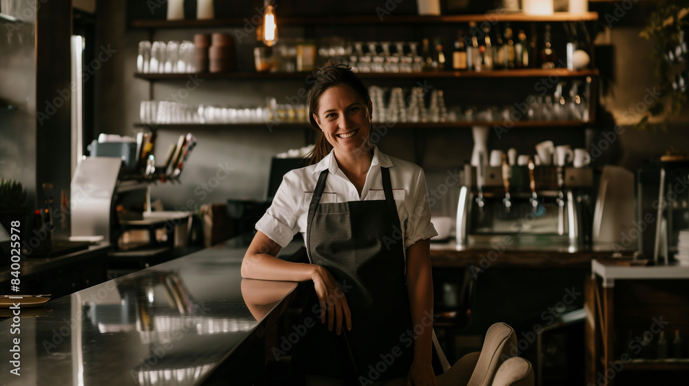 A diligent and neat waitress in a minimalist apron stands at a bar table, smiling contentedly during her break.
A diligent and neat waitress in a minimalist apron stands at a bar table, smiling contentedly during her break.