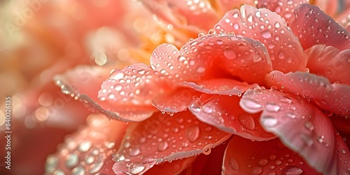Closeup of coral peony petals with water drops on textured backdrop. Concept Closeup Photography, Coral Peony, Water Drops, Textured Backdrop