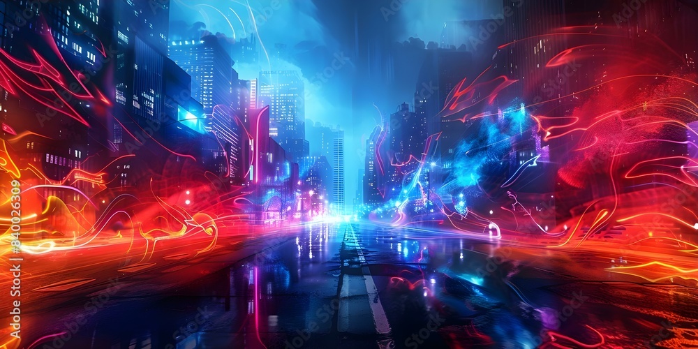 Futuristic postapocalyptic city with neon lights and digital art. Concept Futuristic City, Postapocalyptic, Neon Lights, Digital Art