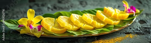 Bright yellow slices of Buddhas hand citron arranged on a leaf platter, with a few scattered flowers for an elegant touch photo