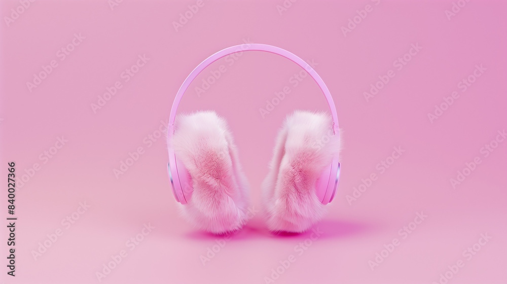 Trendy 3D fur earmuffs on chic solid backdrop, emphasizing luxury and contemporary style. Perfect for vibrant youth culture ads.

