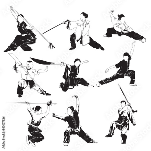 Wushu martial arts skills with swords and sticks
