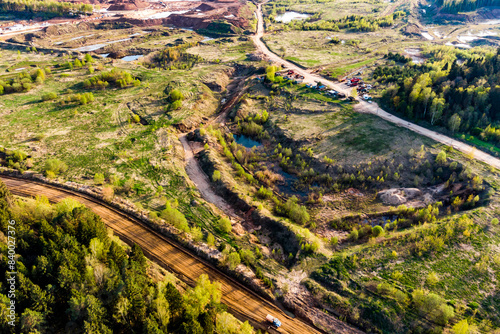 Dirt roads leading to sand quarries  aerial view