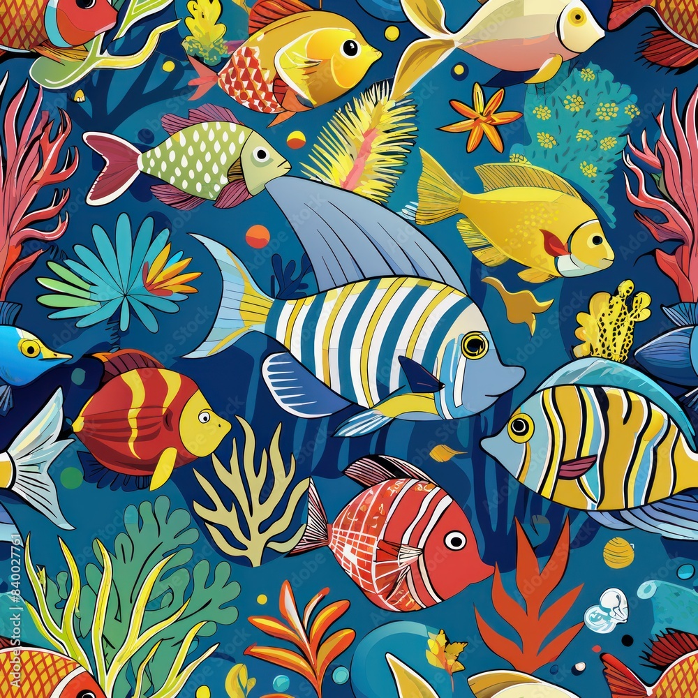 Naklejka premium Seamless pattern of tropical cocktails and drinks with umbrellas and fruit garnishes, Generative AI