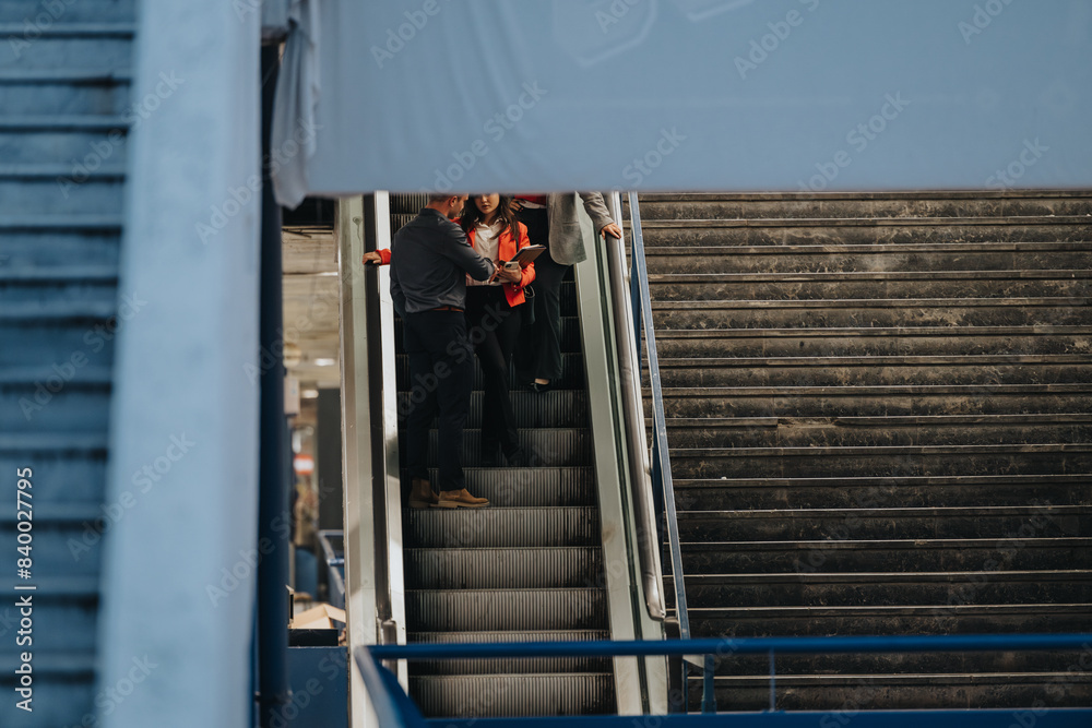 Group of young, creative people having an informal outdoor business meeting and discussing a project while standing on an escalator. Group of young, creative people having an informal outdoor business meeting and discussing a project while standing on an escalator.