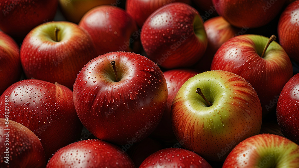 Ripe fragrant red apples background, closeup with top view. Concept of fresh fruits, harvesting
