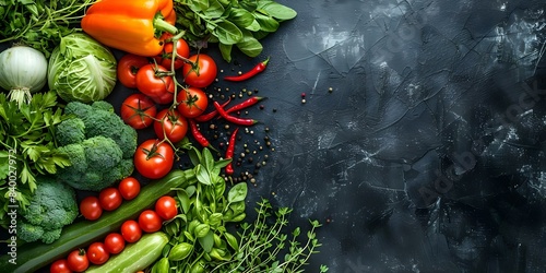 Assorted fresh vegetables and herbs on black background with copy space. Concept Food Photography  Fresh Produce  Culinary Delight  Vibrant Colors  Copy Space